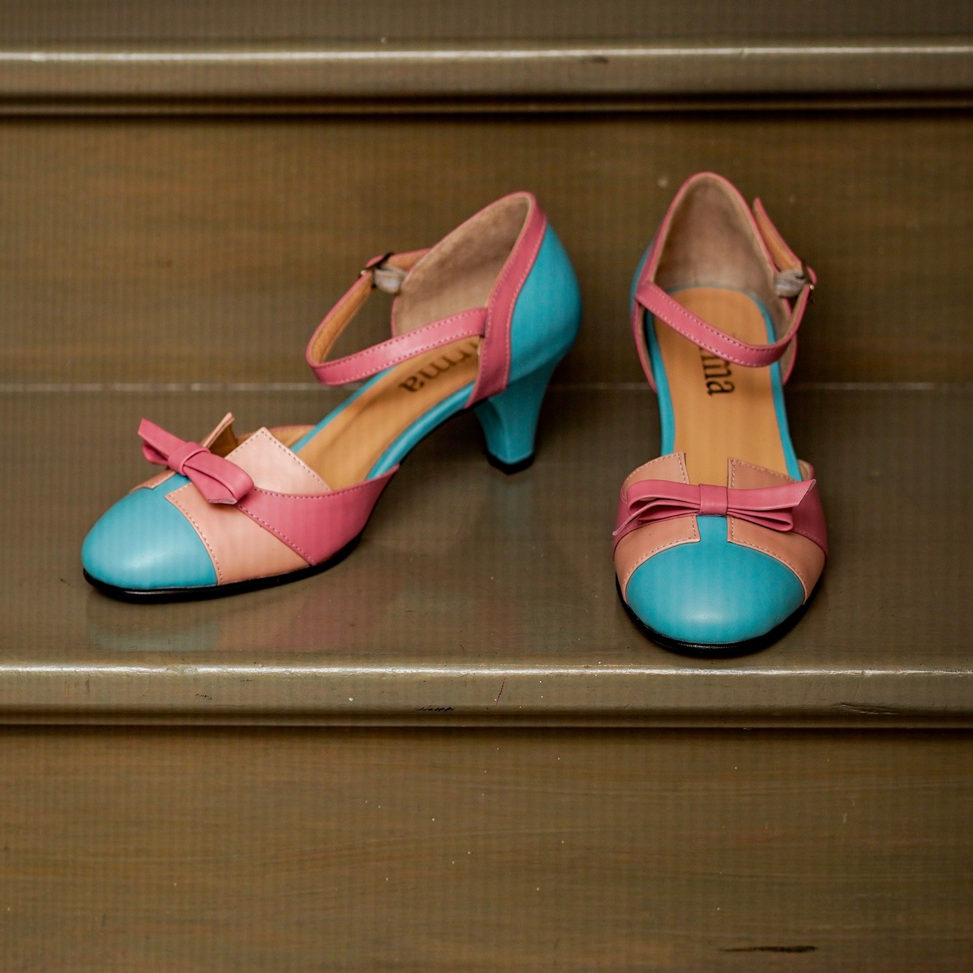Pink Blue Vintage Inspired Dance Shoes - Handmade Retro Swing Shoes - Milano