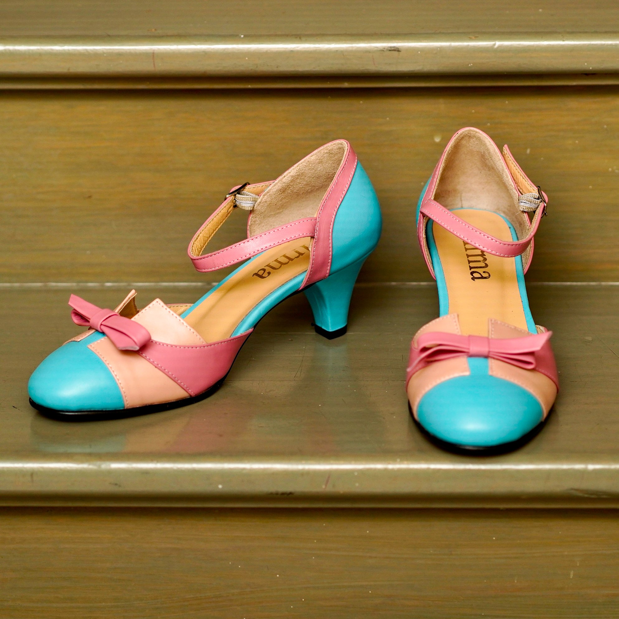 Pink Blue Vintage Inspired Dance Shoes - Handmade Retro Swing Shoes - Milano